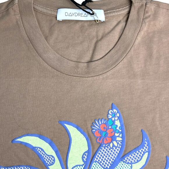 New! Daydreamer Women's Peace Sun Boxy Short Sleeve Crop Tee Taupe Tan XS NWT - Picture 6 of 16